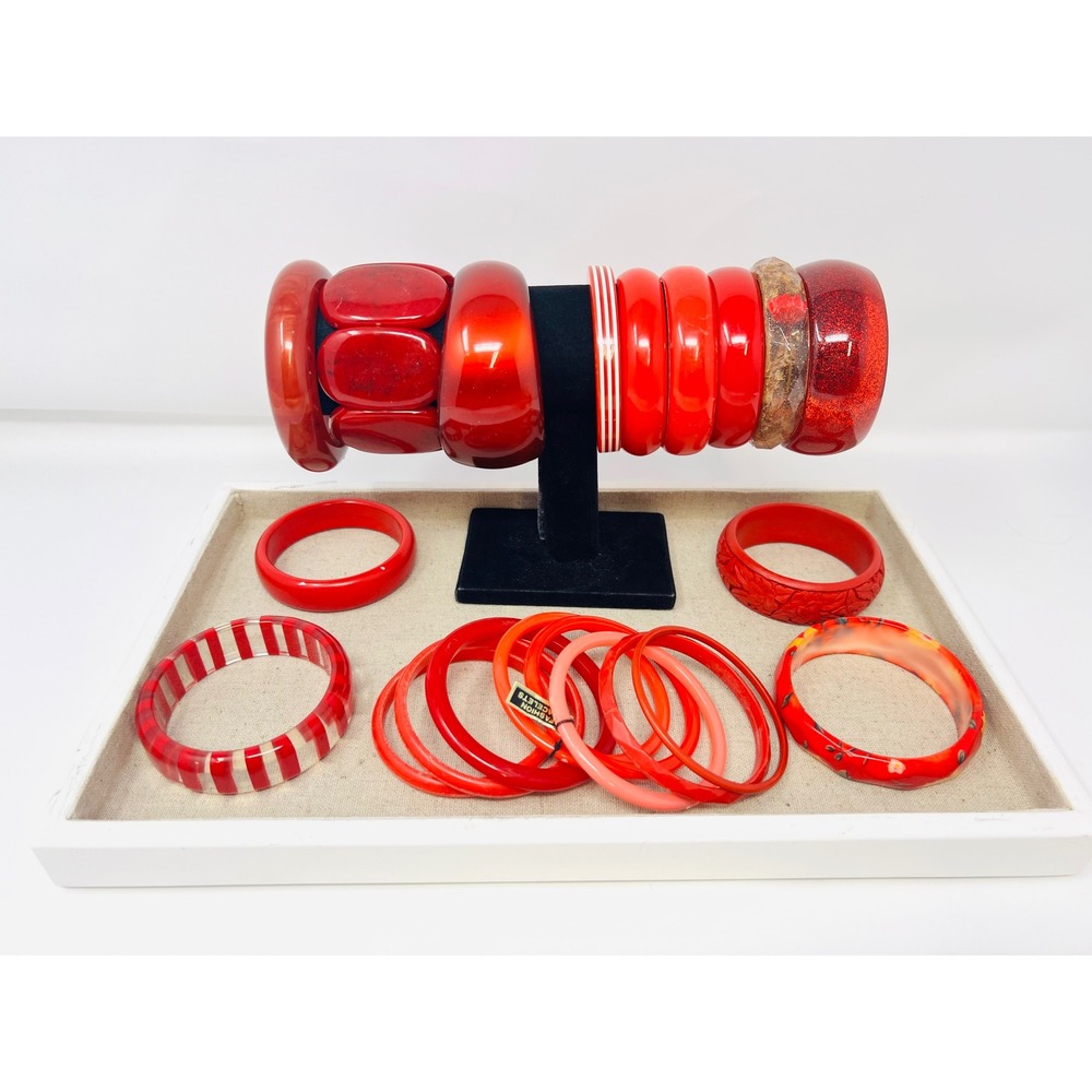 Vintage Red Resin, Acrylic, Chunky Stackable Floral Bangle Bracelet lot of 18